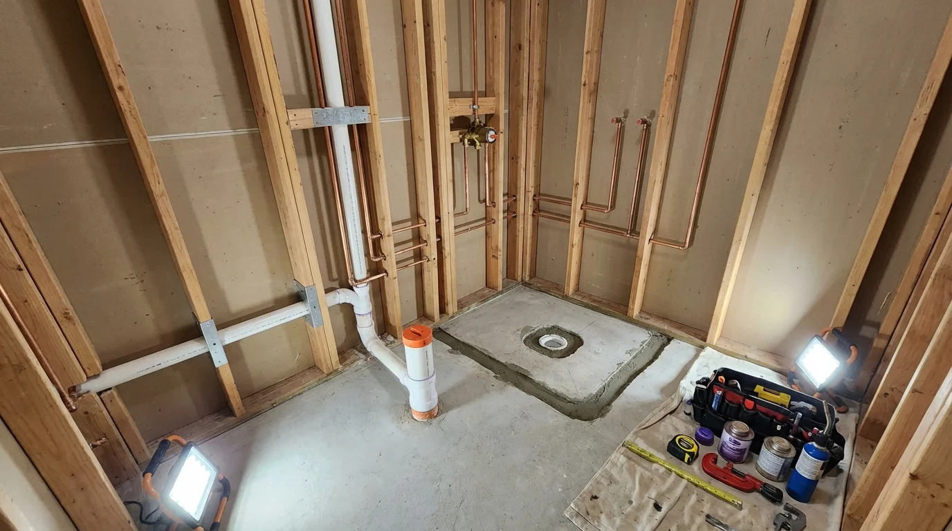 Bathroom rough-in plumbing during remodel by Johns Plumbing LLC in Waynesboro
