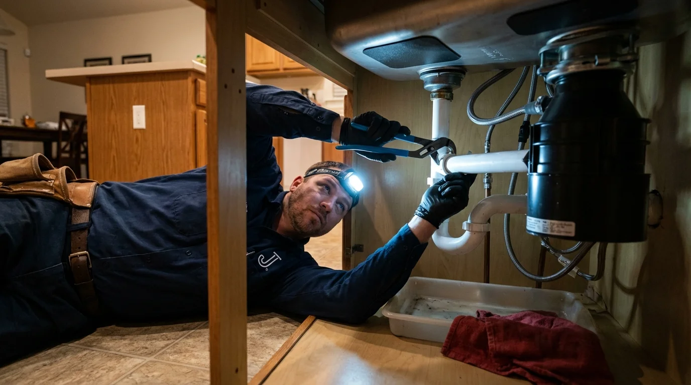 P-trap and supply line connections under a kitchen sink showing a common leak point in Waynesboro, PA